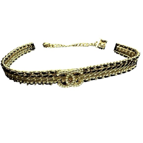 Chanel Gold & Black Chain Choker Necklace With CC Logo Pendant & Rhinestone Deta